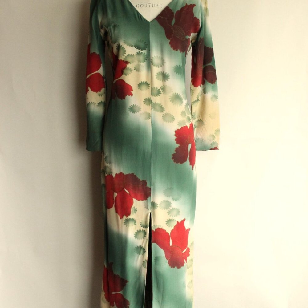 Vintage 1960s Dress, Green and Red Asian Rayon Maxidress with Iris Floral Print - Picture 2 of 10